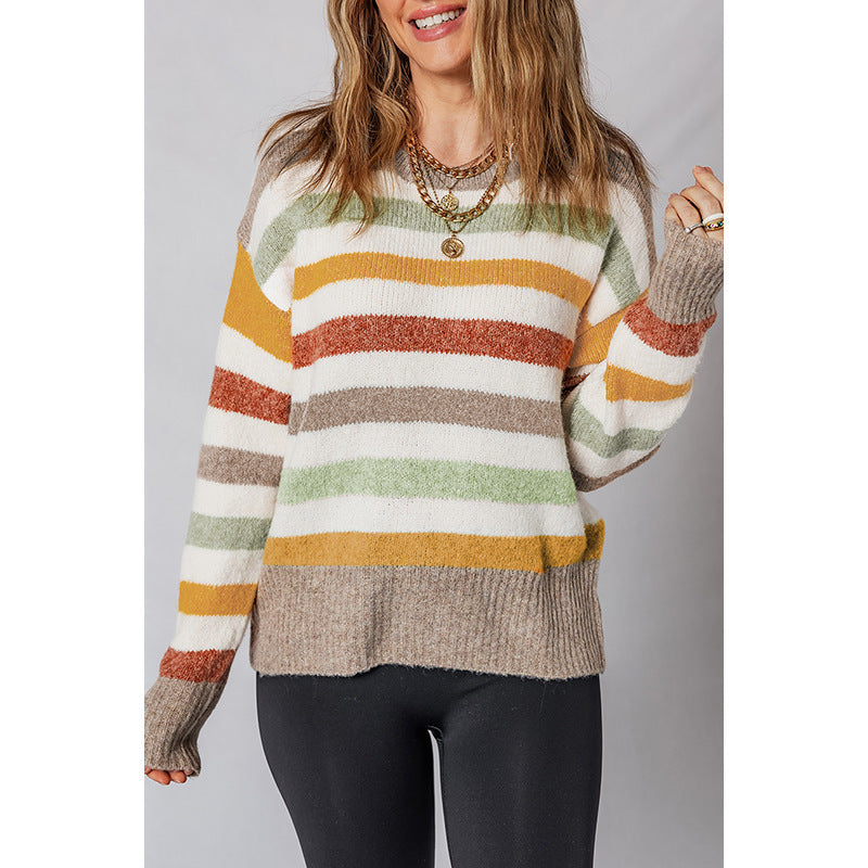 European And American Cute Age-reducing Mixed Color Stripe Sweater