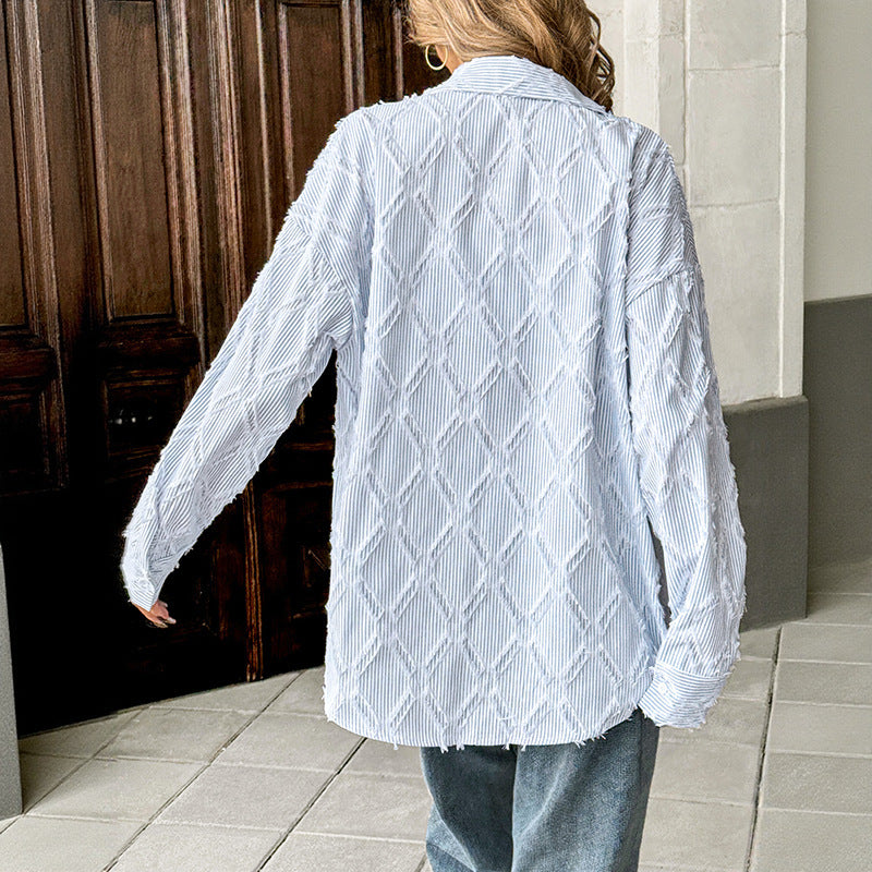 White Blue White Striped Cardigan Shirt Coat For Women