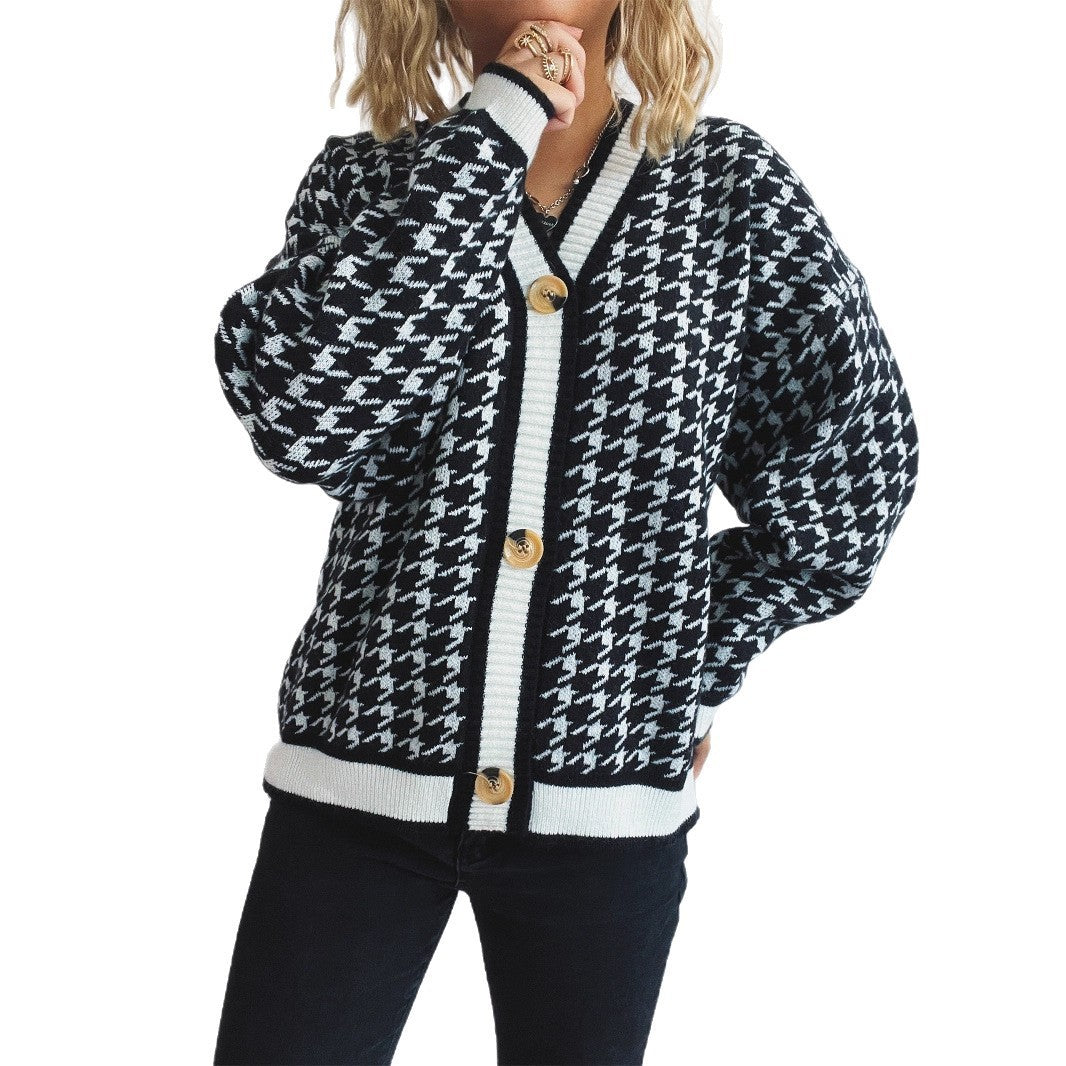 Stitching Plaid Knitted Women's Sweater