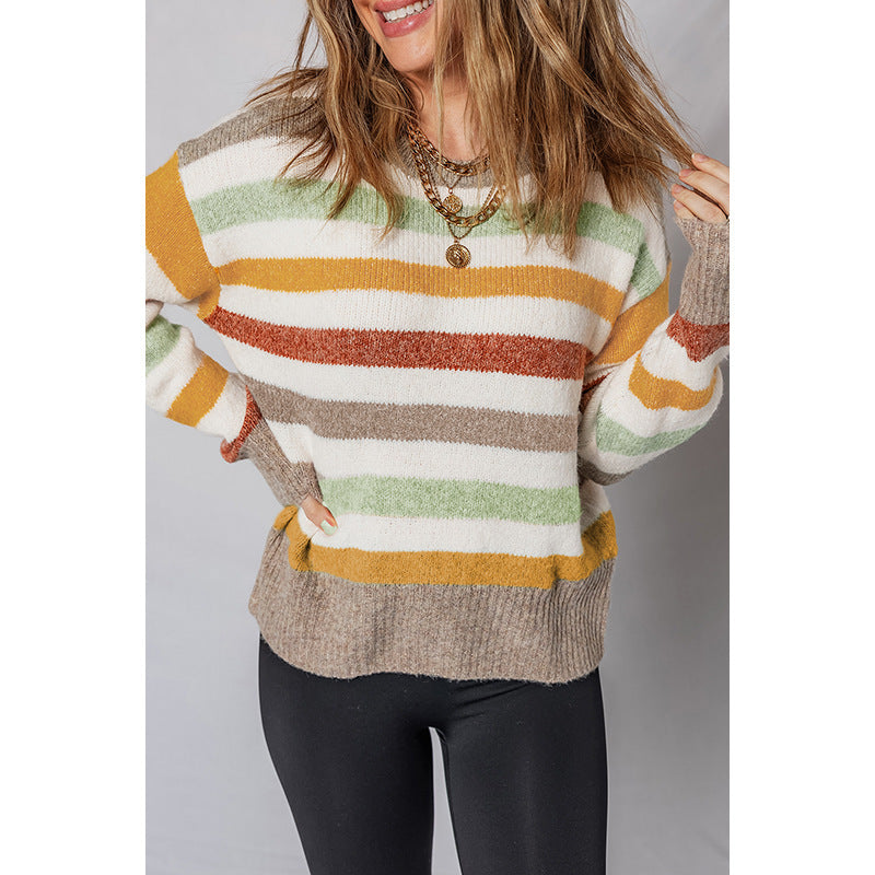 European And American Cute Age-reducing Mixed Color Stripe Sweater