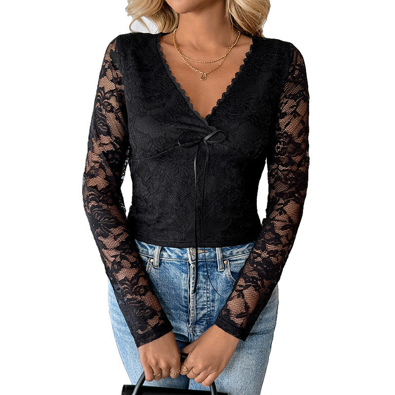 See-through Lace V-neck Long Sleeve Black T-shirt For Women