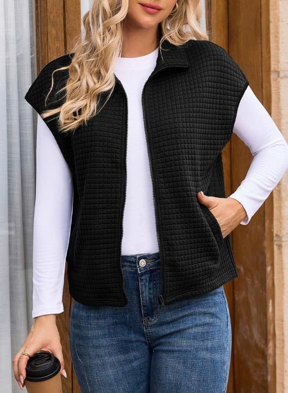 Women's Lapel Zipper Waffle Pocket Sports Vest