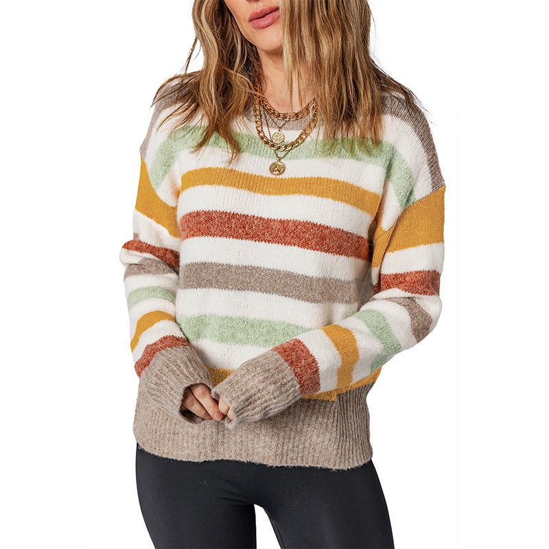European And American Cute Age-reducing Mixed Color Stripe Sweater