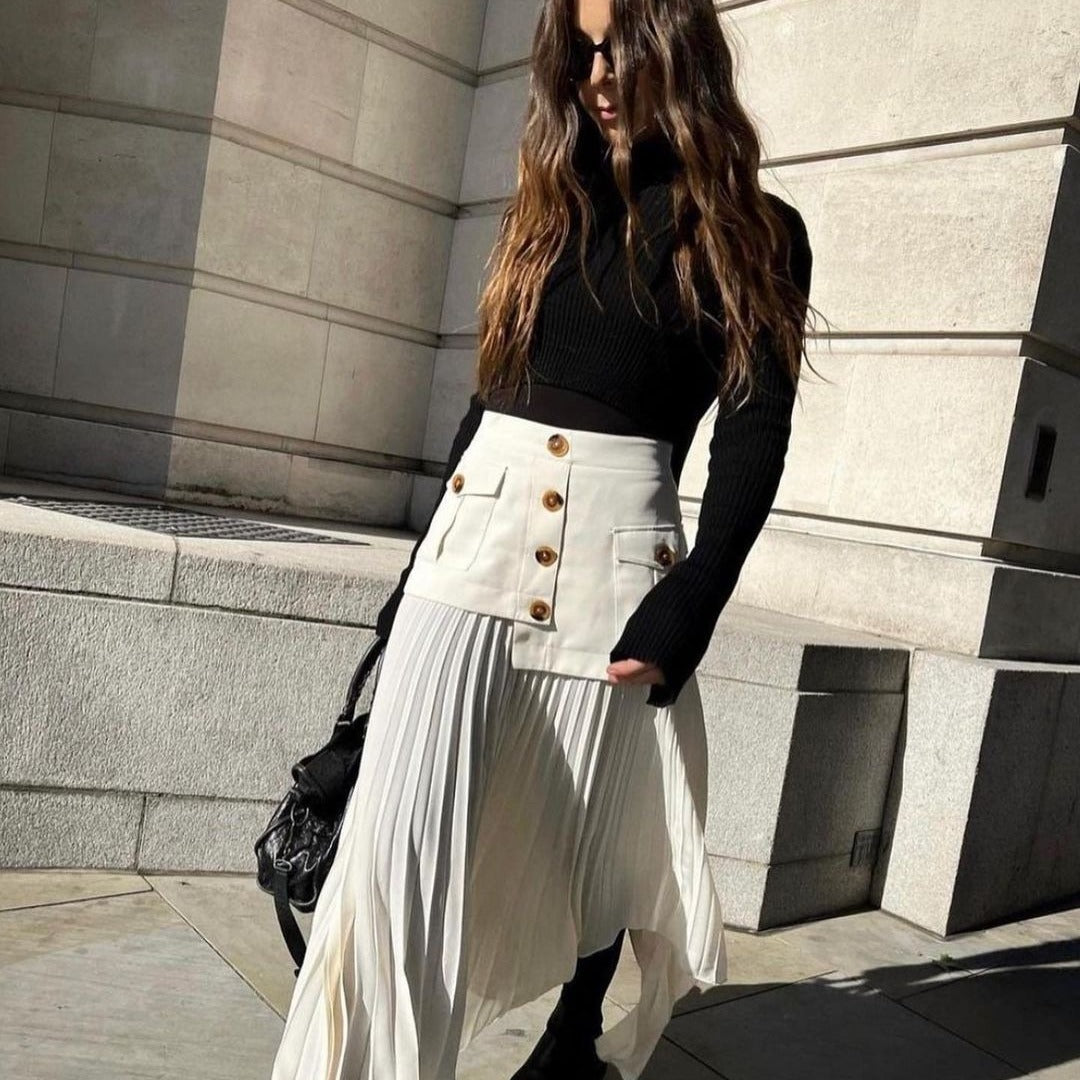 Irregular Chiffon Stitching Pleated Multi-button Pocket Skirt