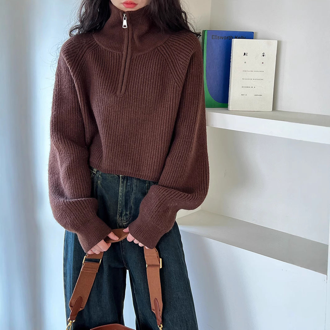 Solid Color Stand Collar Half Zip Design Hem