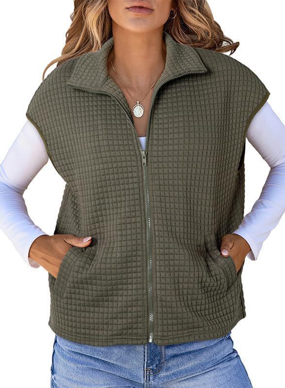 Women's Lapel Zipper Waffle Pocket Sports Vest