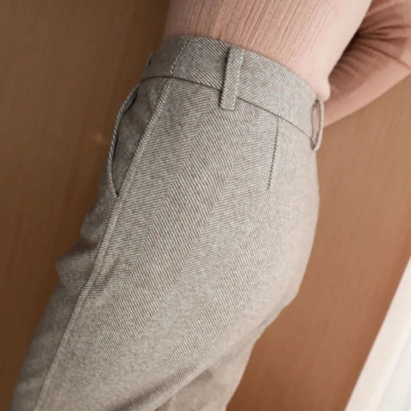 Herringbone Woolen Trousers For Women Autumn And Winter New Style High Waist Slim Straight Casual Trousers