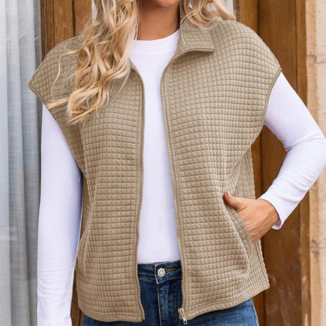 Women's Lapel Zipper Waffle Pocket Sports Vest