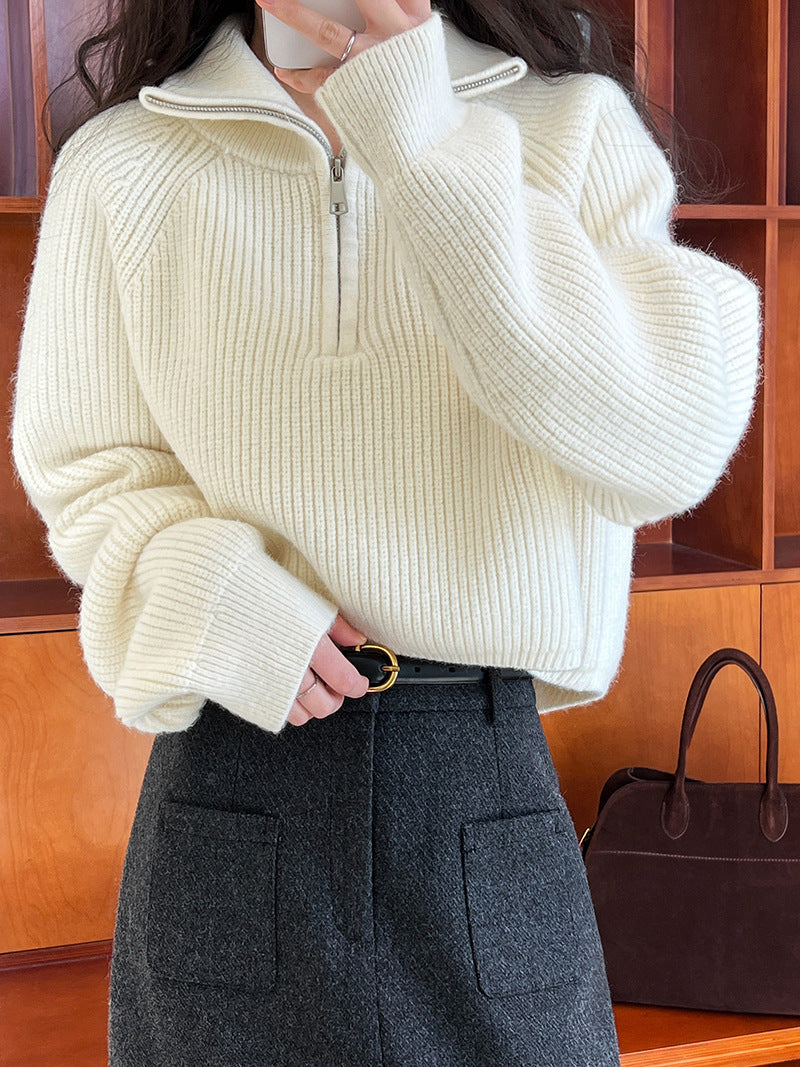 Solid Color Stand Collar Half Zip Design Hem