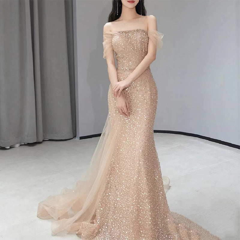 オフショルダーモデルランウェイフィッシュテールドレス