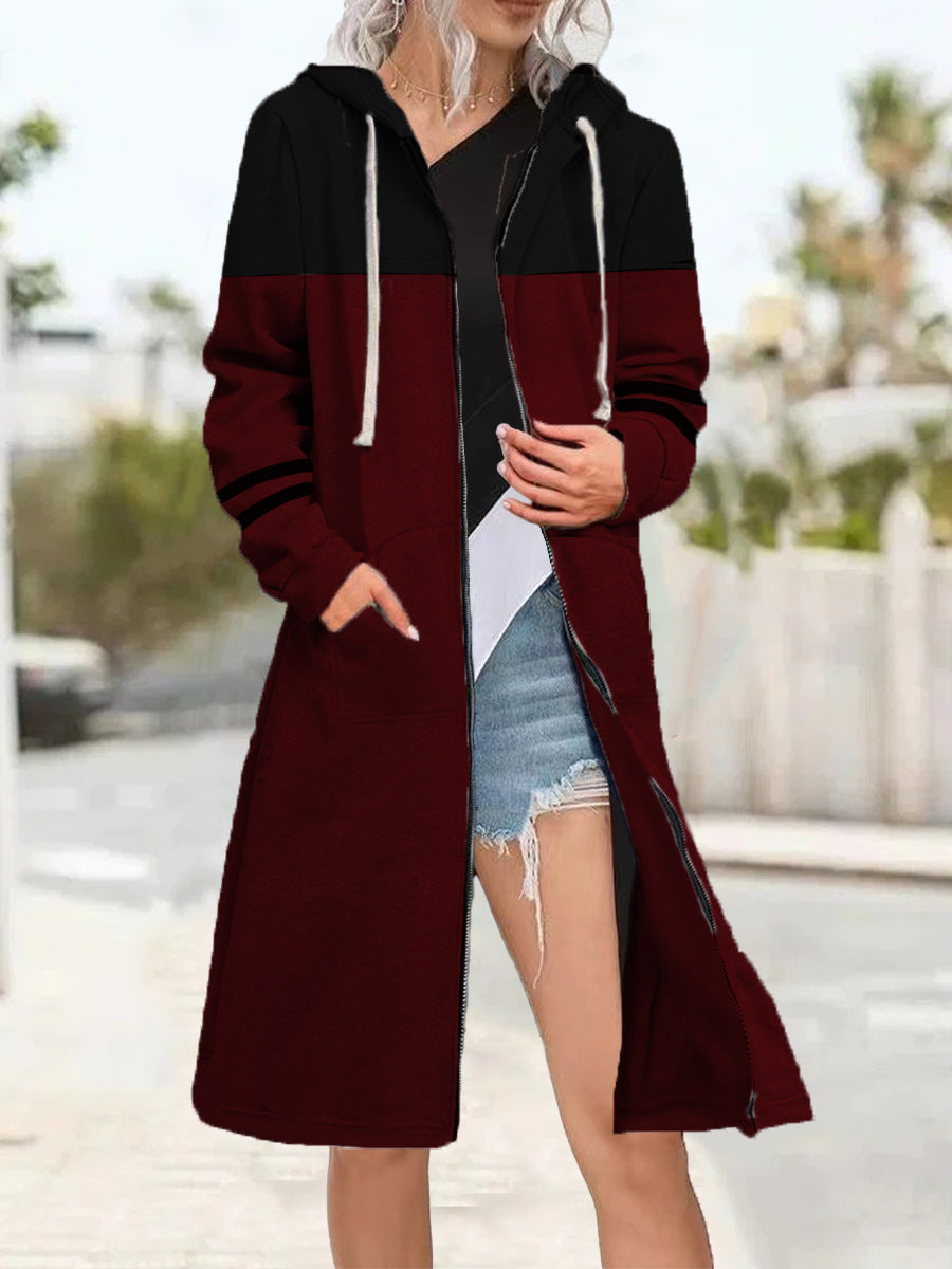 Women's Colorblock Loose Zippered Cardigan Plus Fleece Sweatshirt
