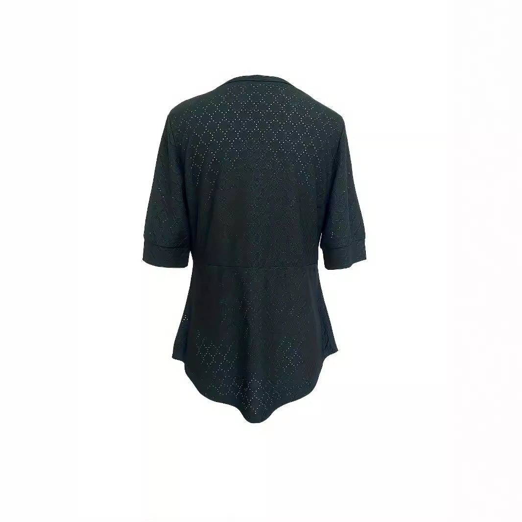 Solid Color Square Collar Button Stitching Half Sleeve Casual T-shirt