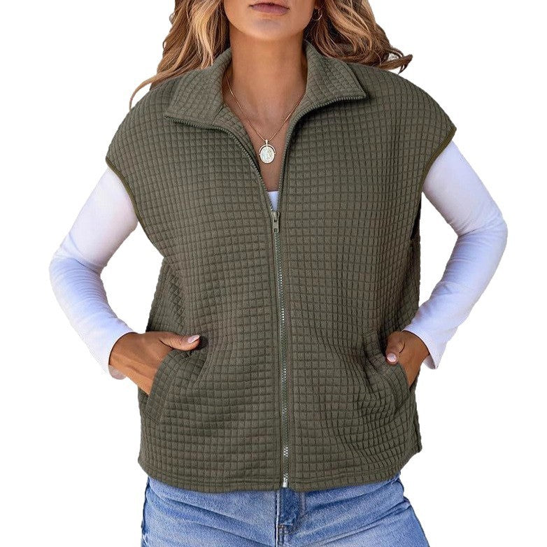 Women's Lapel Zipper Waffle Pocket Sports Vest