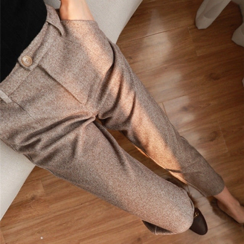 Herringbone Woolen Trousers For Women Autumn And Winter New Style High Waist Slim Straight Casual Trousers