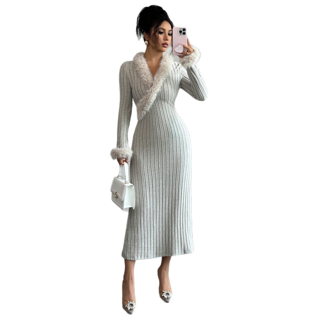Elegant Solid Color Long-sleeved Sheath Dress For Women
