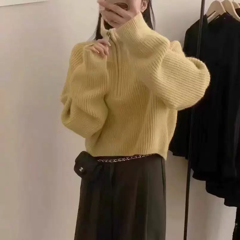 Solid Color Stand Collar Half Zip Design Hem