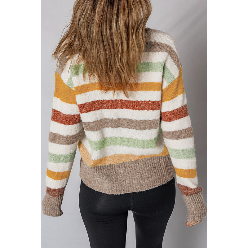 European And American Cute Age-reducing Mixed Color Stripe Sweater