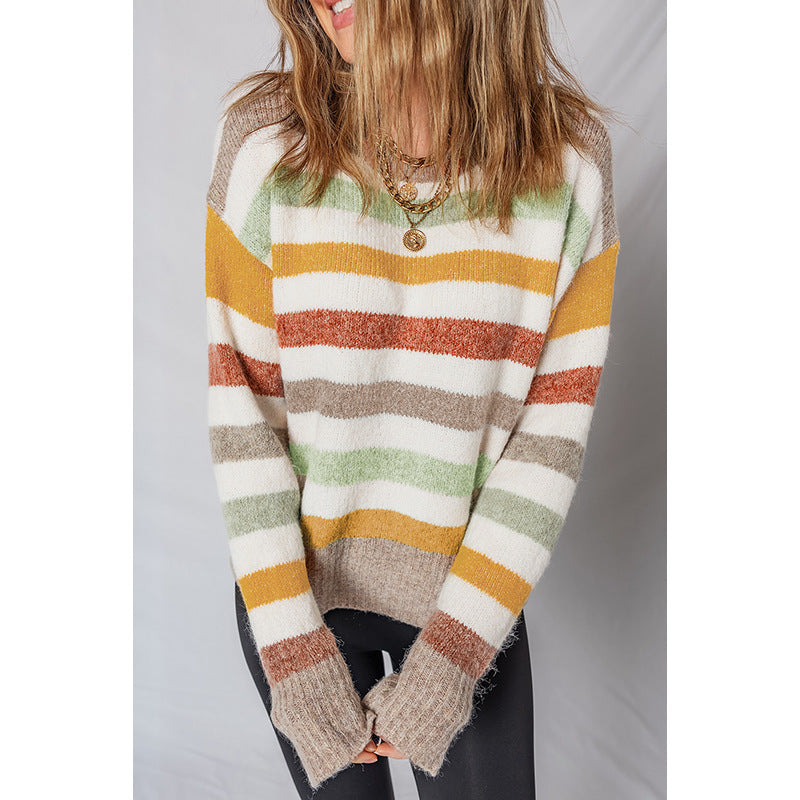 European And American Cute Age-reducing Mixed Color Stripe Sweater