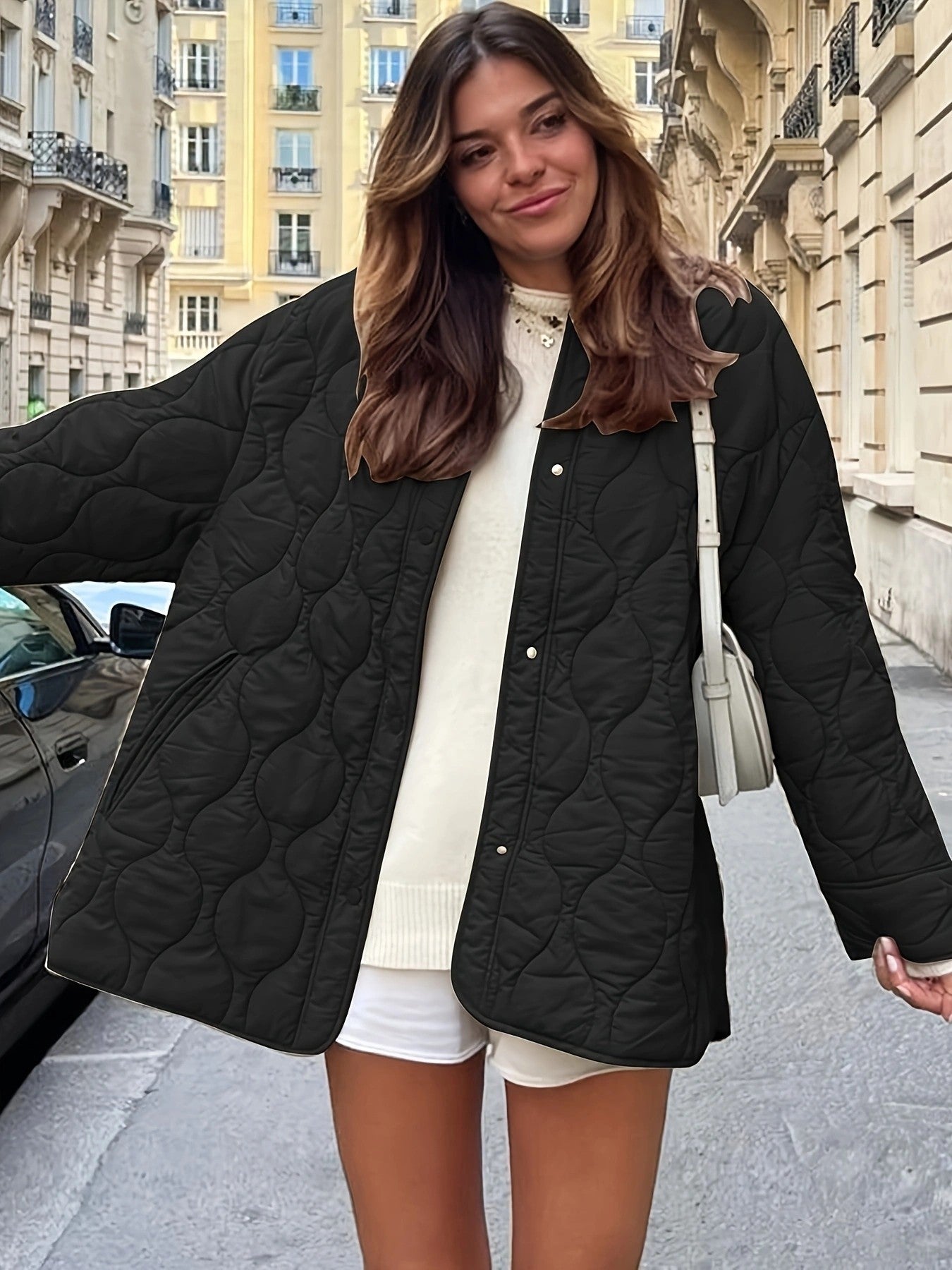 Simple Solid Color Round Neck Loose Cotton Coat With Quilted Lines