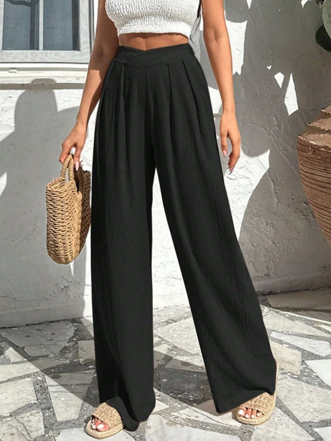 New Commute Style Summer Cross Pleated Casual High Waist Loose Trousers