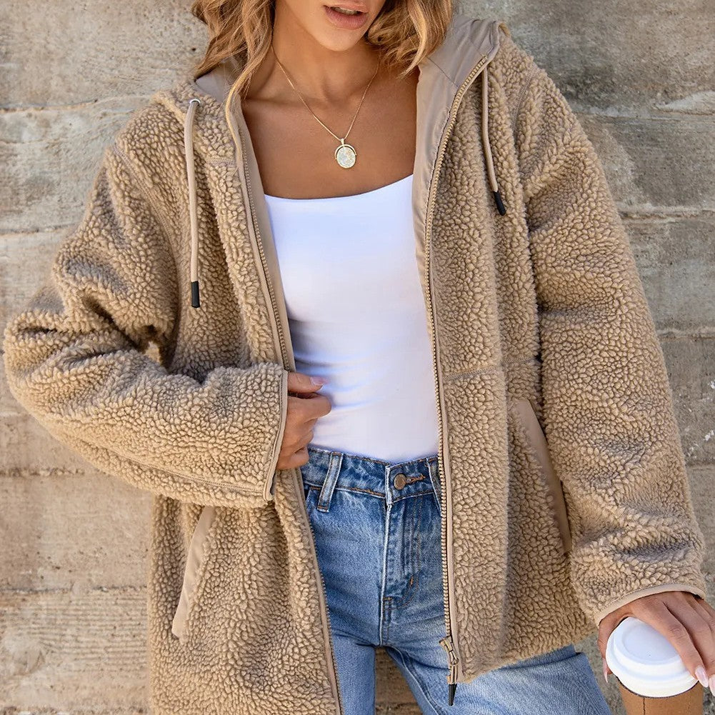 Pale Khaki Fleece Zip Up Drawstring Hooded Pocketed Jacket