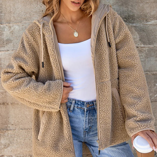 Pale Khaki Fleece Zip Up Drawstring Hooded Pocketed Jacket