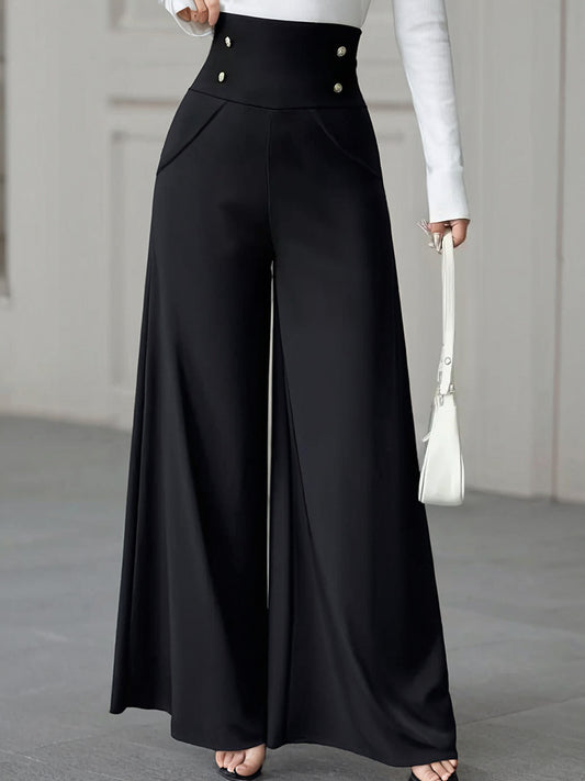 Women's Minimalist Elegant High Waist Tummy Control Black Wide Leg Pants With Pockets Suitable For Work Office Wear