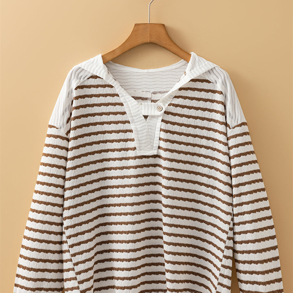 Women's Striped V-neck Long-sleeved Loose Leisure All-matching Top