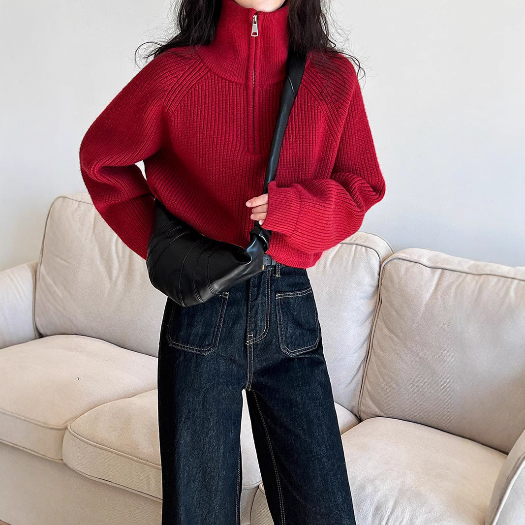 Solid Color Stand Collar Half Zip Design Hem