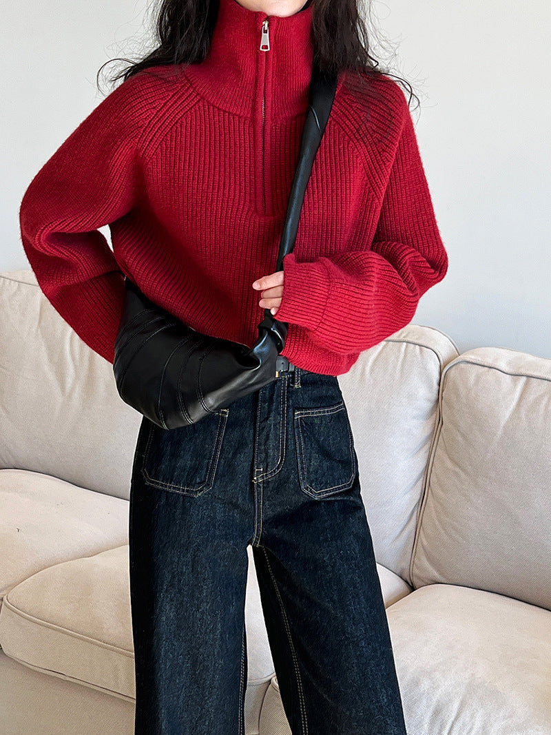 Solid Color Stand Collar Half Zip Design Hem
