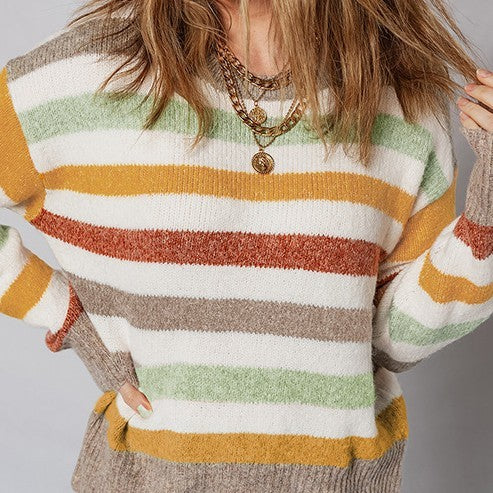 European And American Cute Age-reducing Mixed Color Stripe Sweater