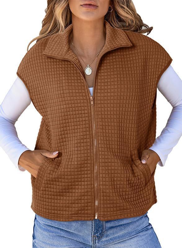 Women's Lapel Zipper Waffle Pocket Sports Vest