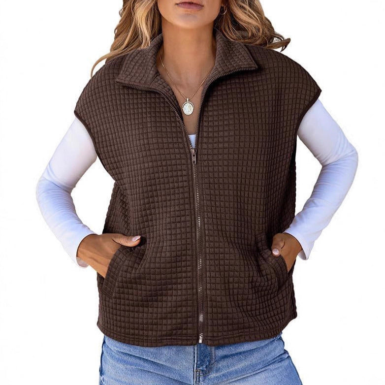 Women's Lapel Zipper Waffle Pocket Sports Vest