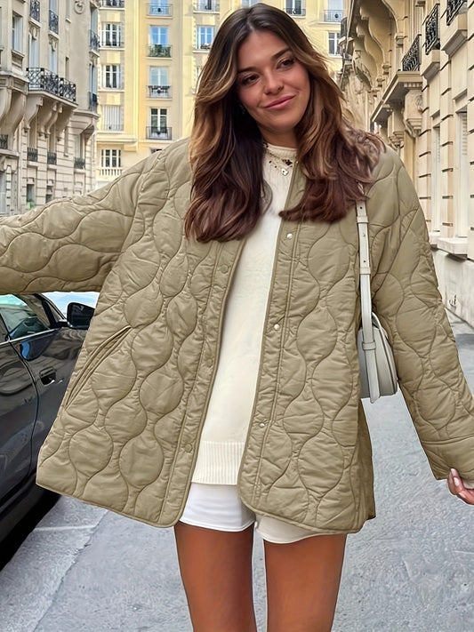 Simple Solid Color Round Neck Loose Cotton Coat With Quilted Lines