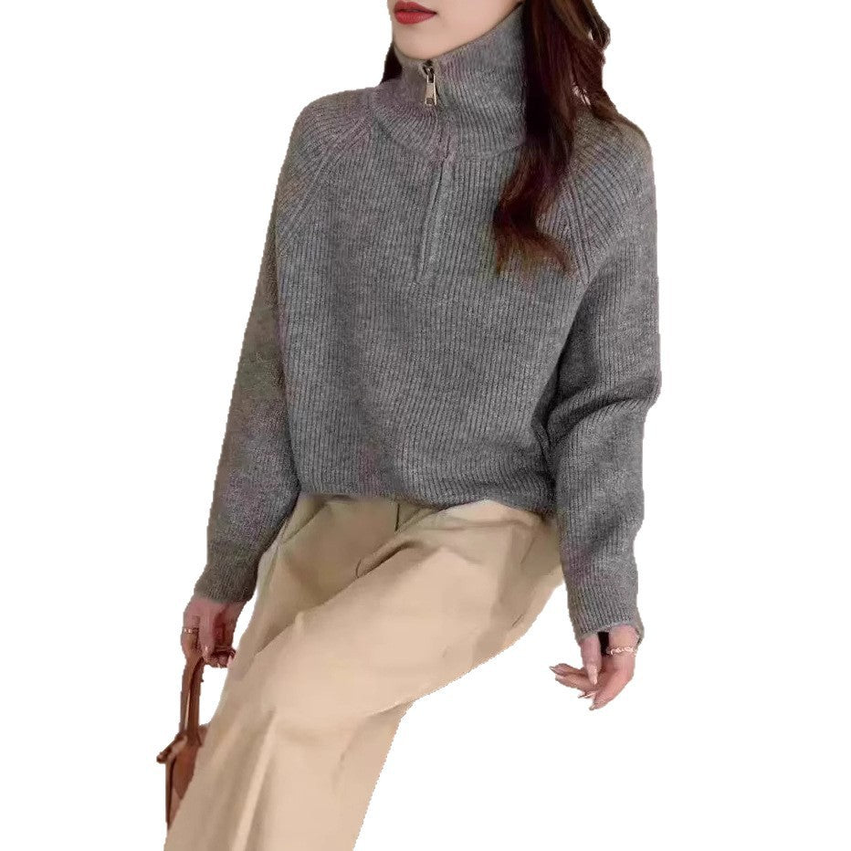 Solid Color Stand Collar Half Zip Design Hem