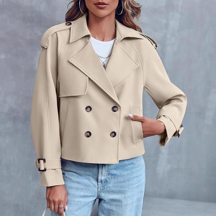 Women's Fashion Casual Short Double-breasted Trench Coat