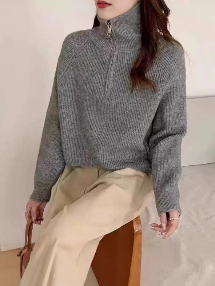 Solid Color Stand Collar Half Zip Design Hem