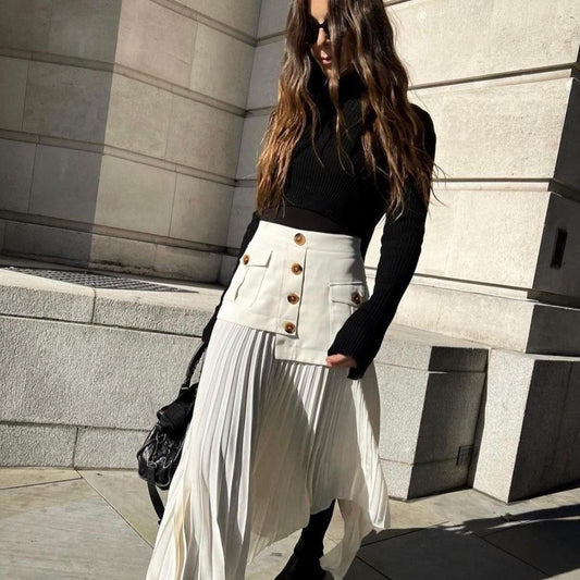 Irregular Chiffon Stitching Pleated Multi-button Pocket Skirt