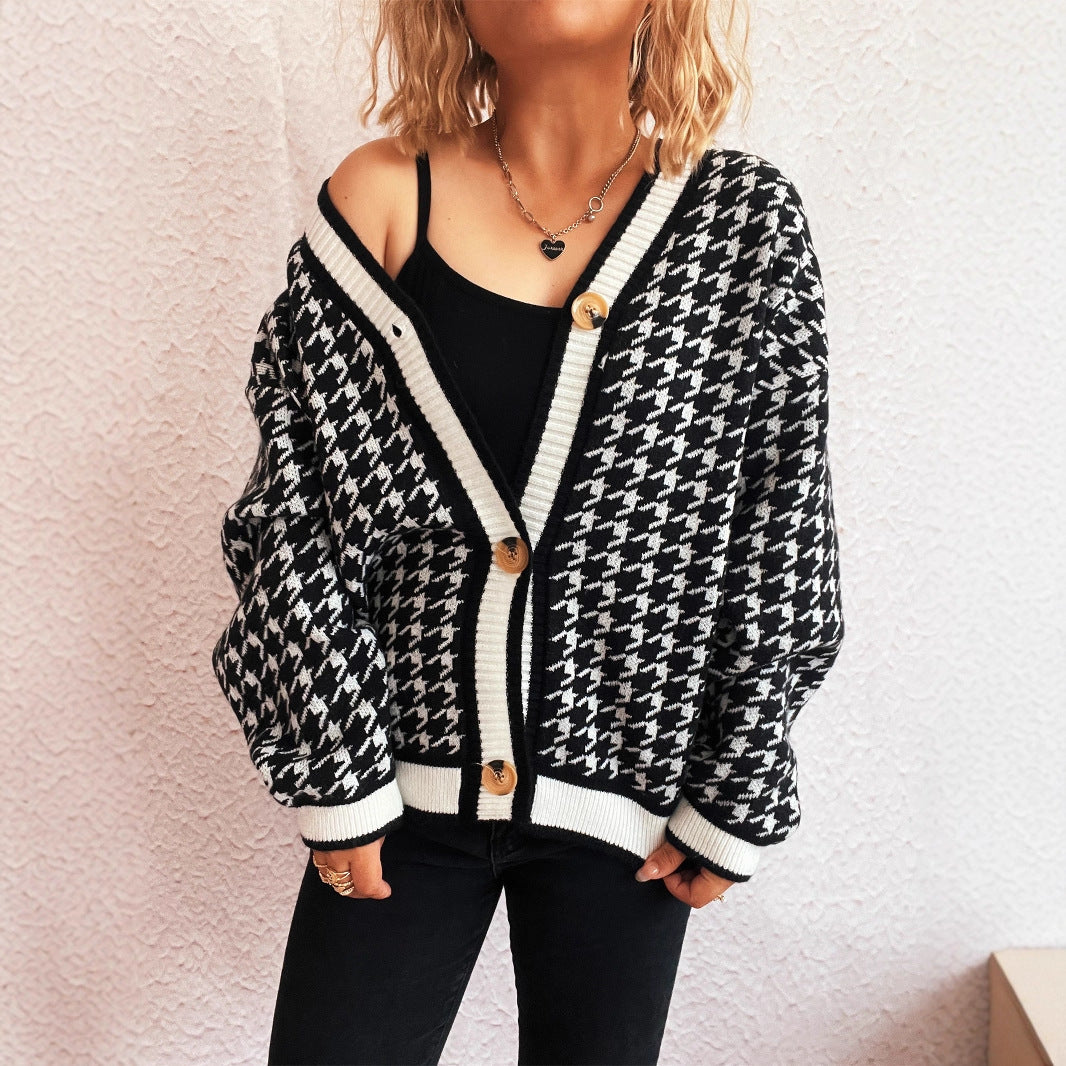 Stitching Plaid Knitted Women's Sweater