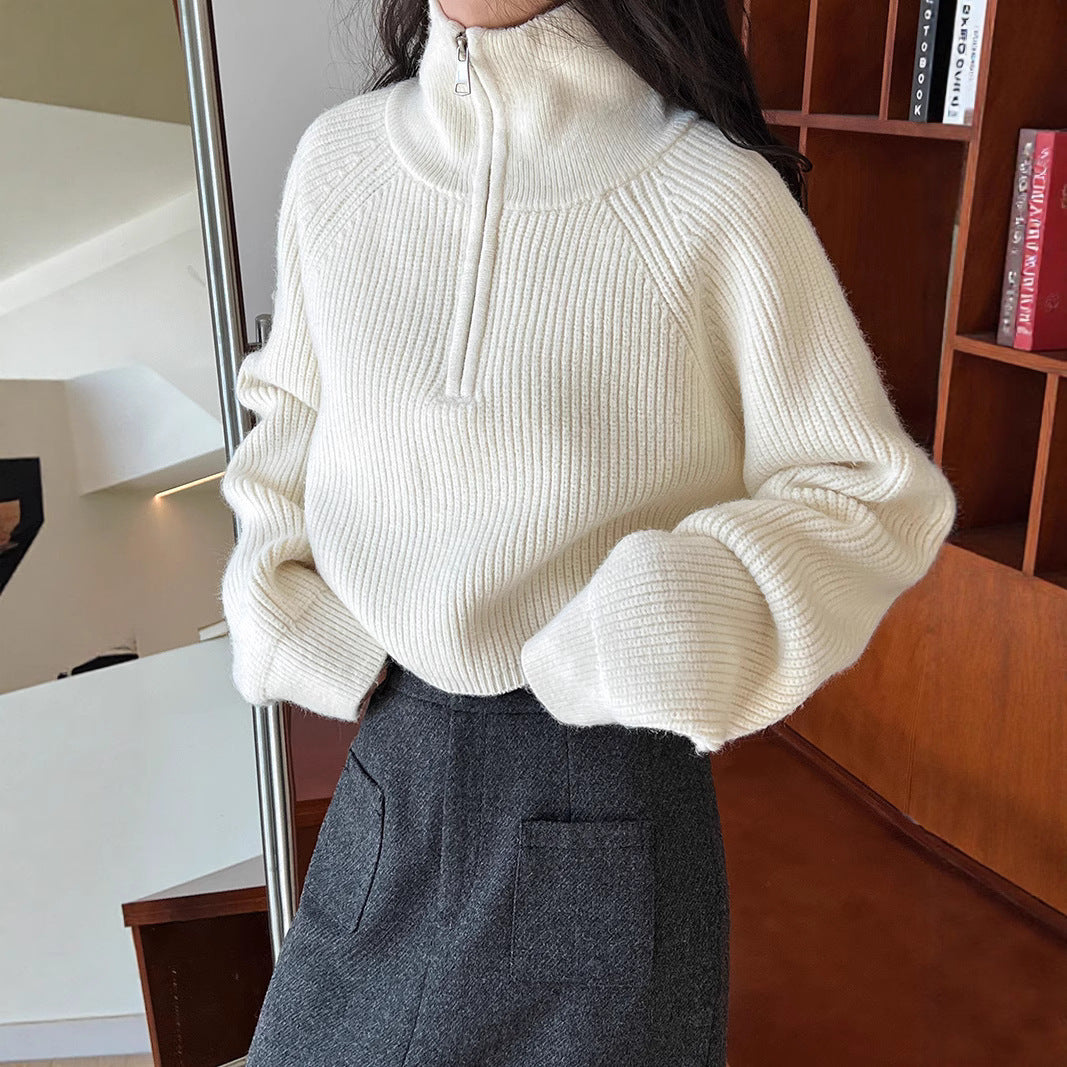 Solid Color Stand Collar Half Zip Design Hem