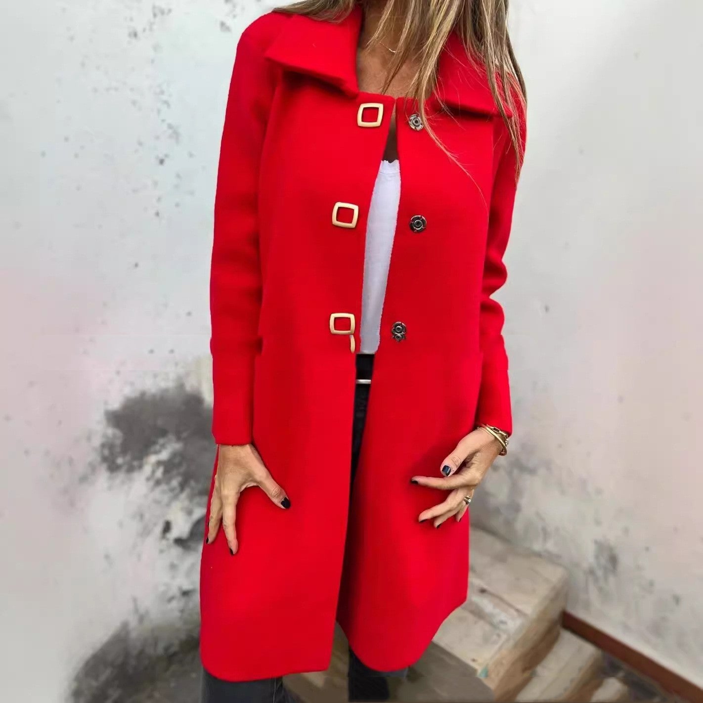 In Stock Cross-border Independent Station-AliExpress-Amazon Autumn And Winter Women's Single Row Solid Color Mid-length Wool Woolen