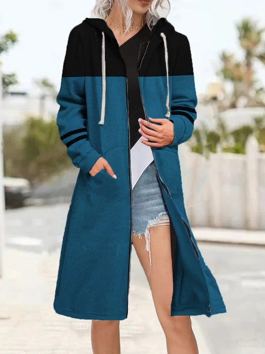 Women's Colorblock Loose Zippered Cardigan Plus Fleece Sweatshirt
