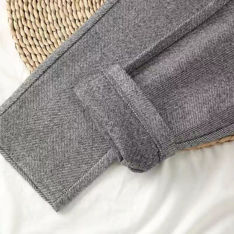Herringbone Woolen Trousers For Women Autumn And Winter New Style High Waist Slim Straight Casual Trousers