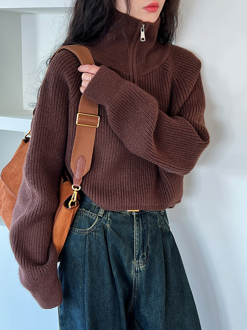 Solid Color Stand Collar Half Zip Design Hem