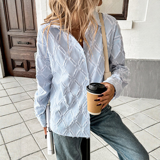White Blue White Striped Cardigan Shirt Coat For Women