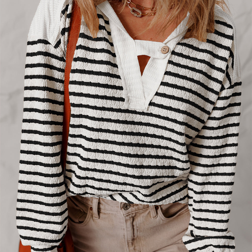 Women's Striped V-neck Long-sleeved Loose Leisure All-matching Top