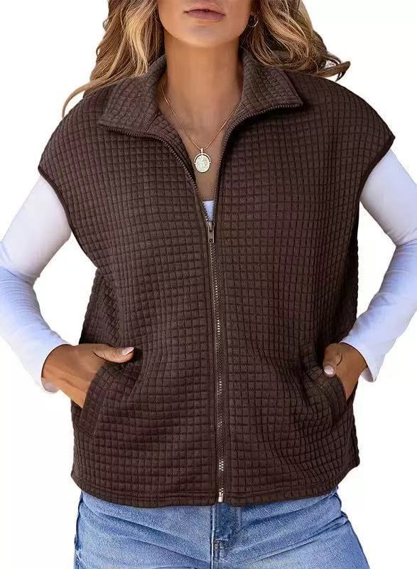 Women's Lapel Zipper Waffle Pocket Sports Vest