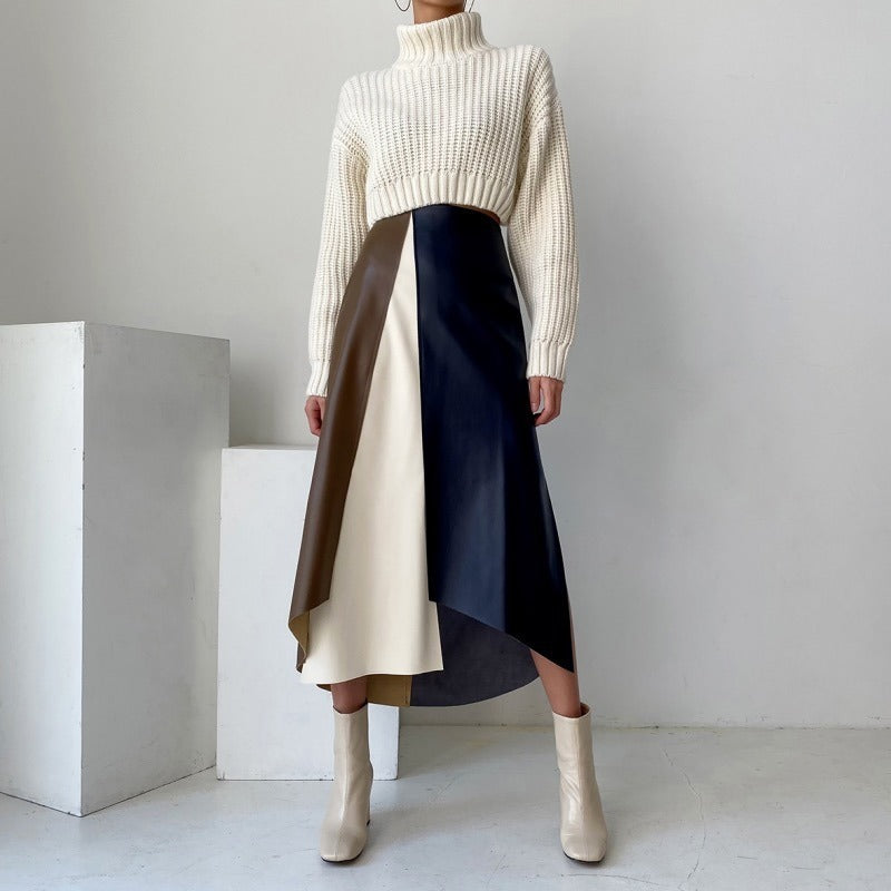 French Chic Retro Temperament Multi-color Mosaic Leather Skirt