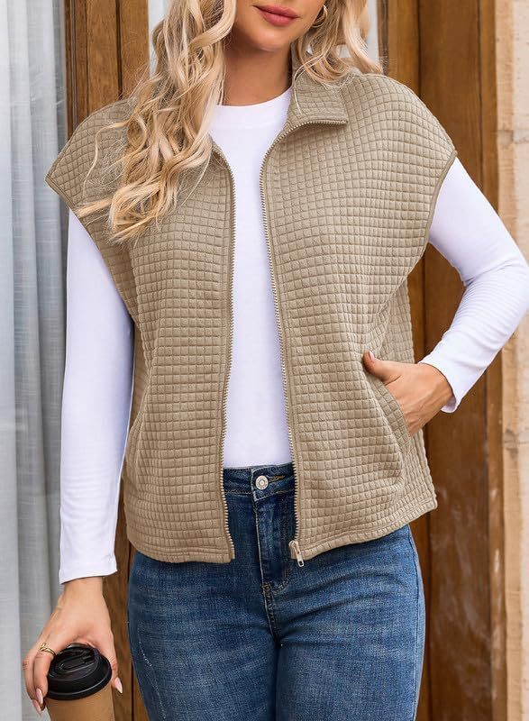 Women's Lapel Zipper Waffle Pocket Sports Vest
