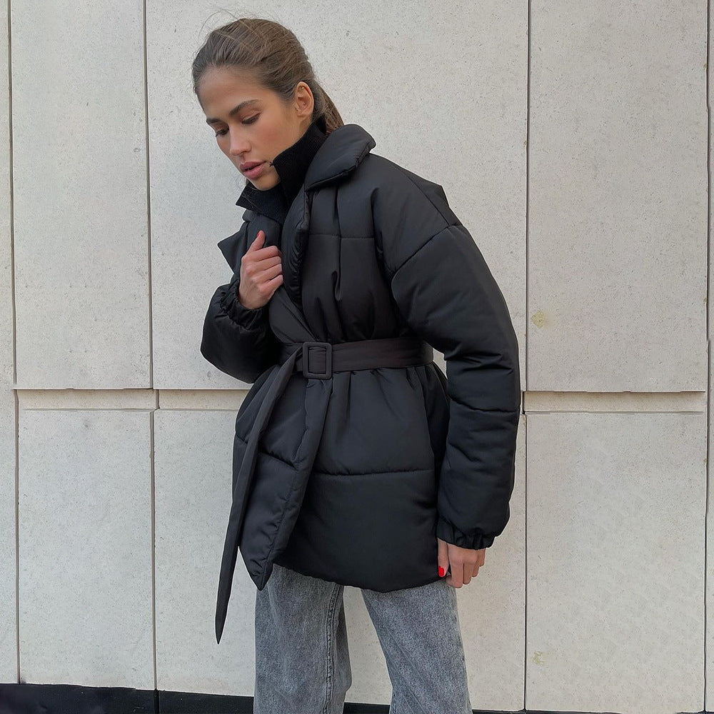 New Thickened Slimming Cinched Cotton-padded Coat Solid Color Belt Cotton Coat Jacket